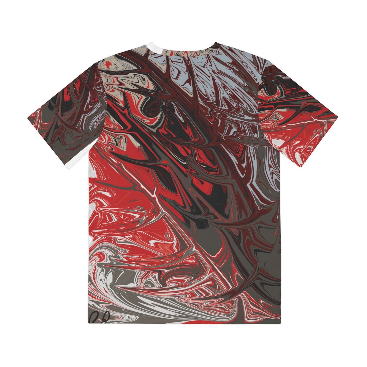 Men's Acrylic Pour Liquid - Effect Polyester Tee — Red, Gray & Black All - Over Print - The Artsy Brain