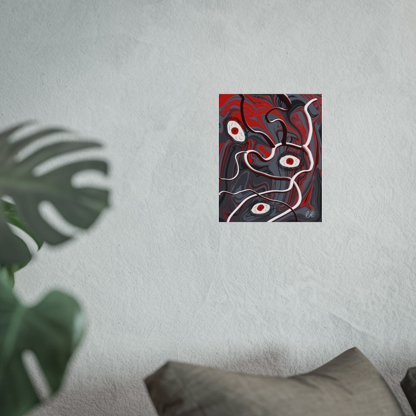 Abstract Surreal Eyes Art Poster — Red & Gray Fine Art Print