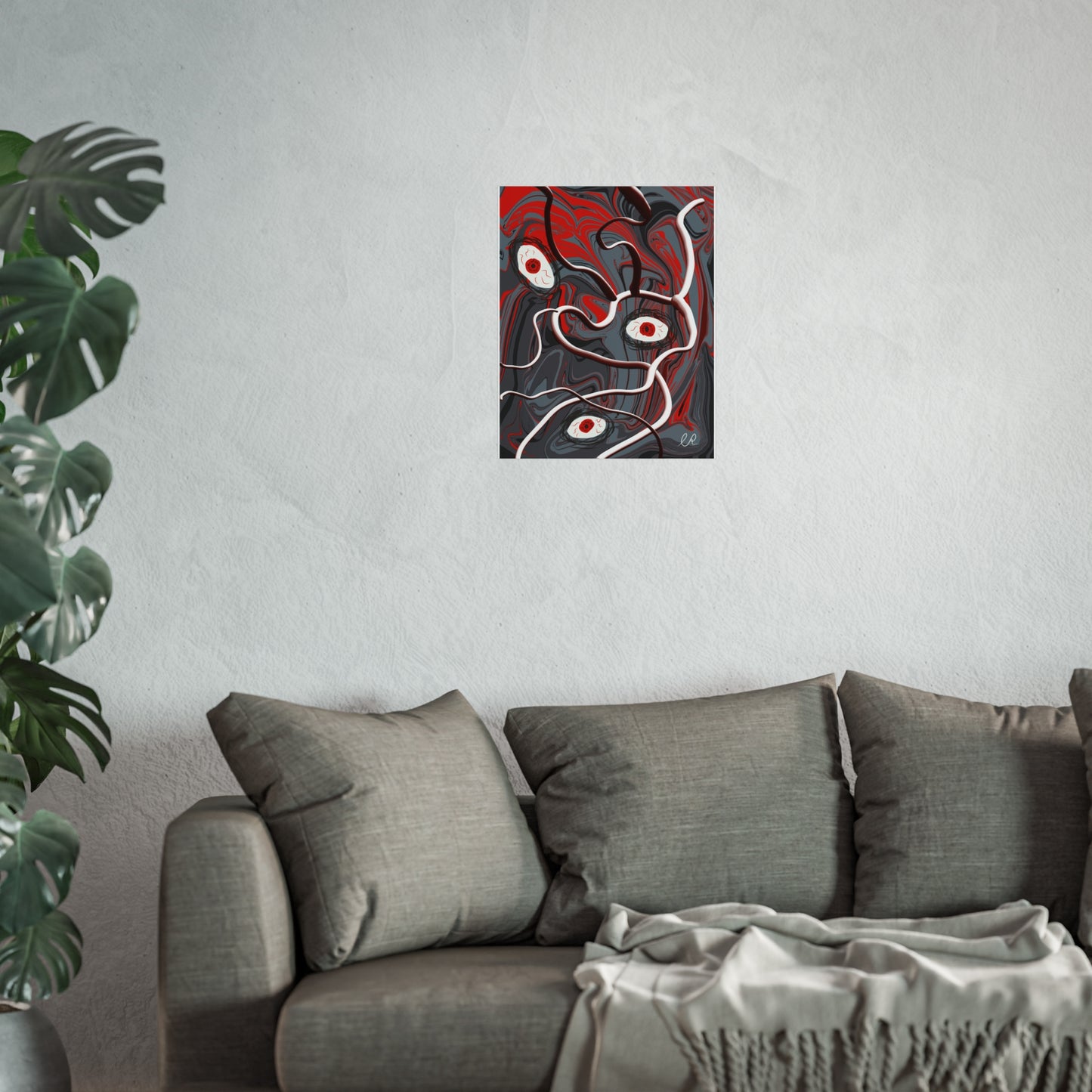 Abstract Surreal Eyes Art Poster — Red & Gray Fine Art Print