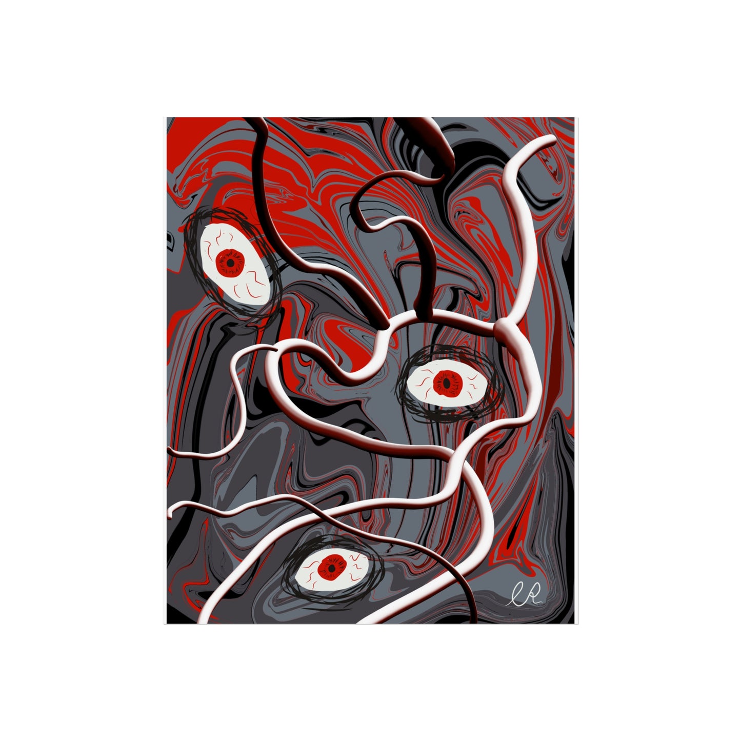 Abstract Surreal Eyes Art Poster — Red & Gray Fine Art Print