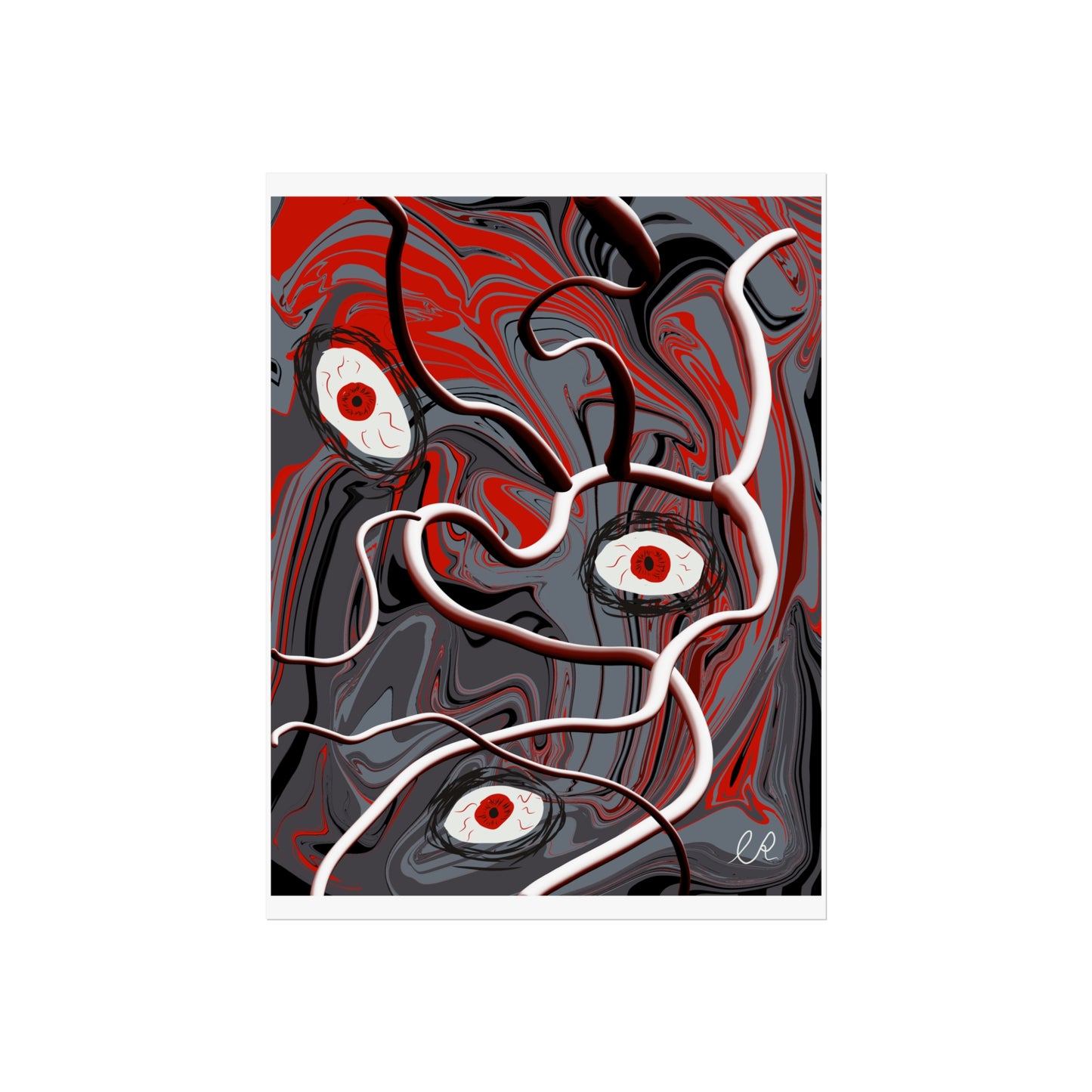 Abstract Surreal Eyes Art Poster — Red & Gray Fine Art Print