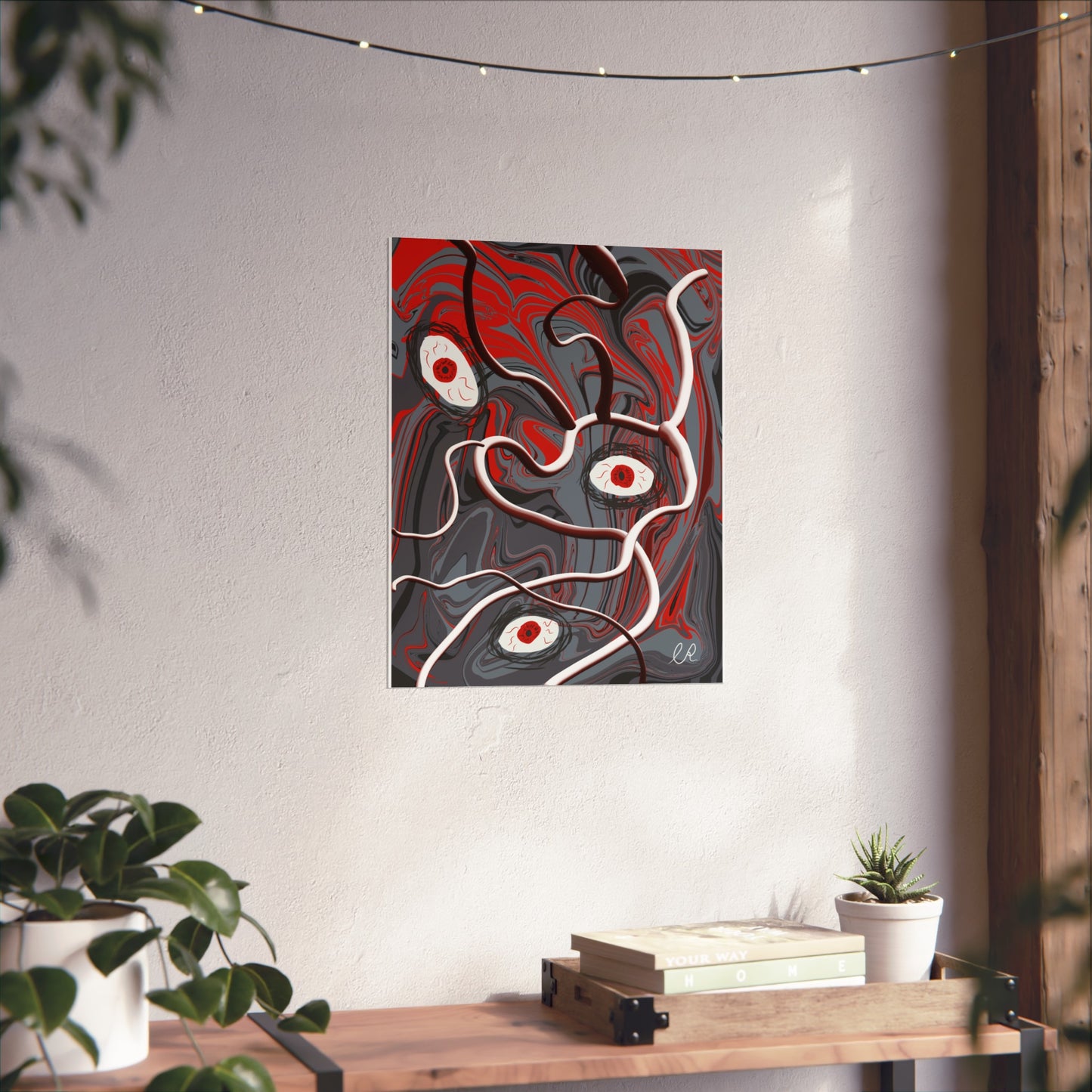 Abstract Surreal Eyes Art Poster — Red & Gray Fine Art Print