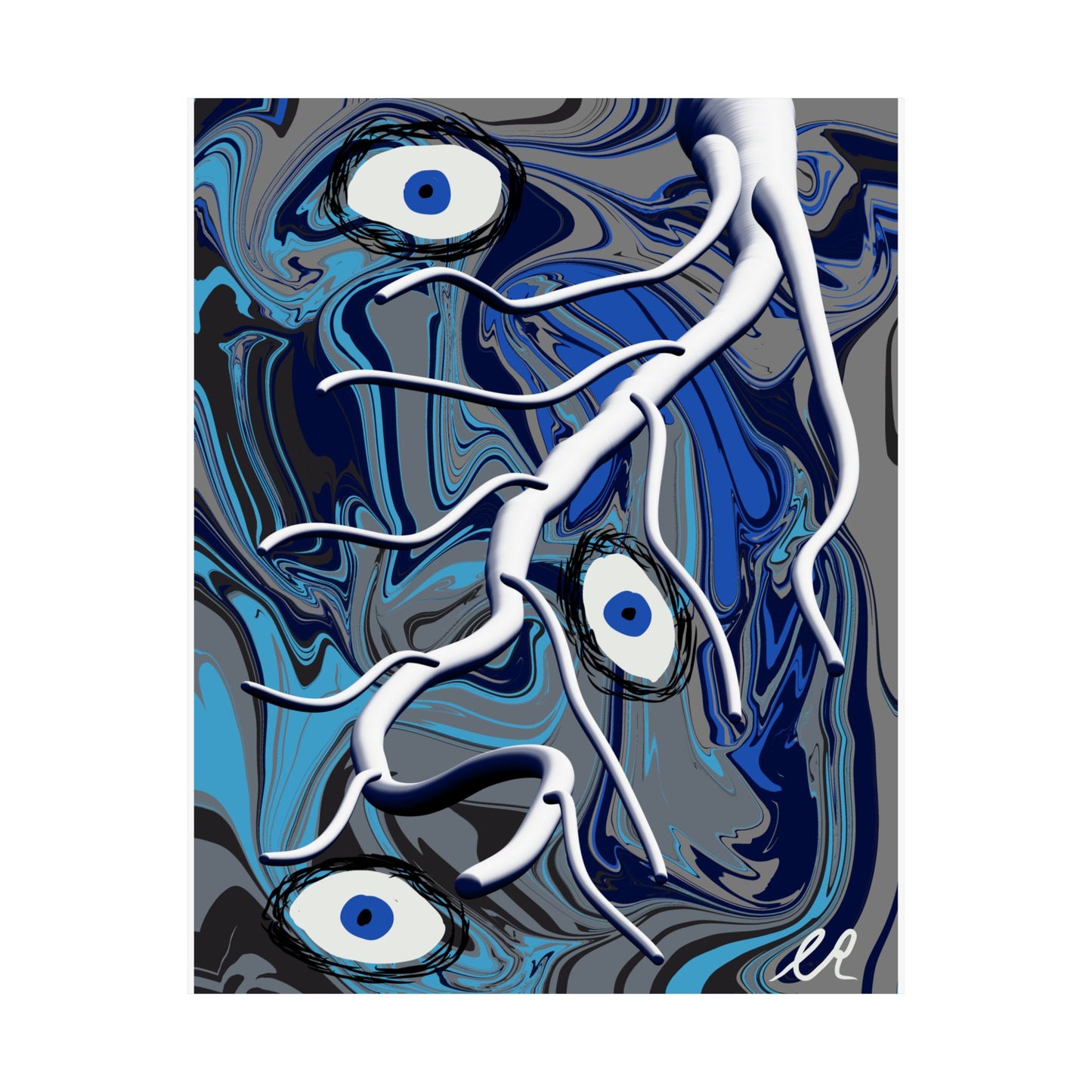 Abstract Blue Surreal Poster — Eyes & Branch Matte Vertical Art Print
