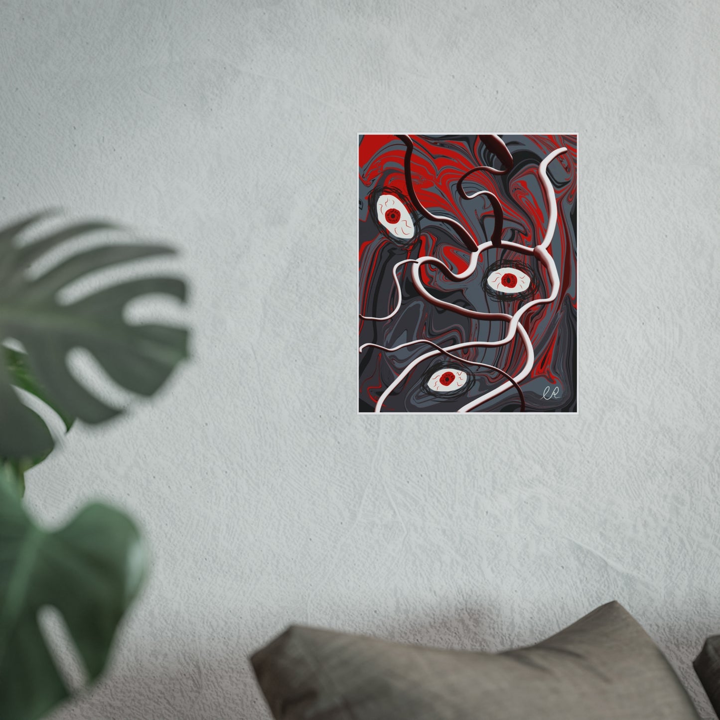 Abstract Surreal Eyes Art Poster — Red & Gray Fine Art Print