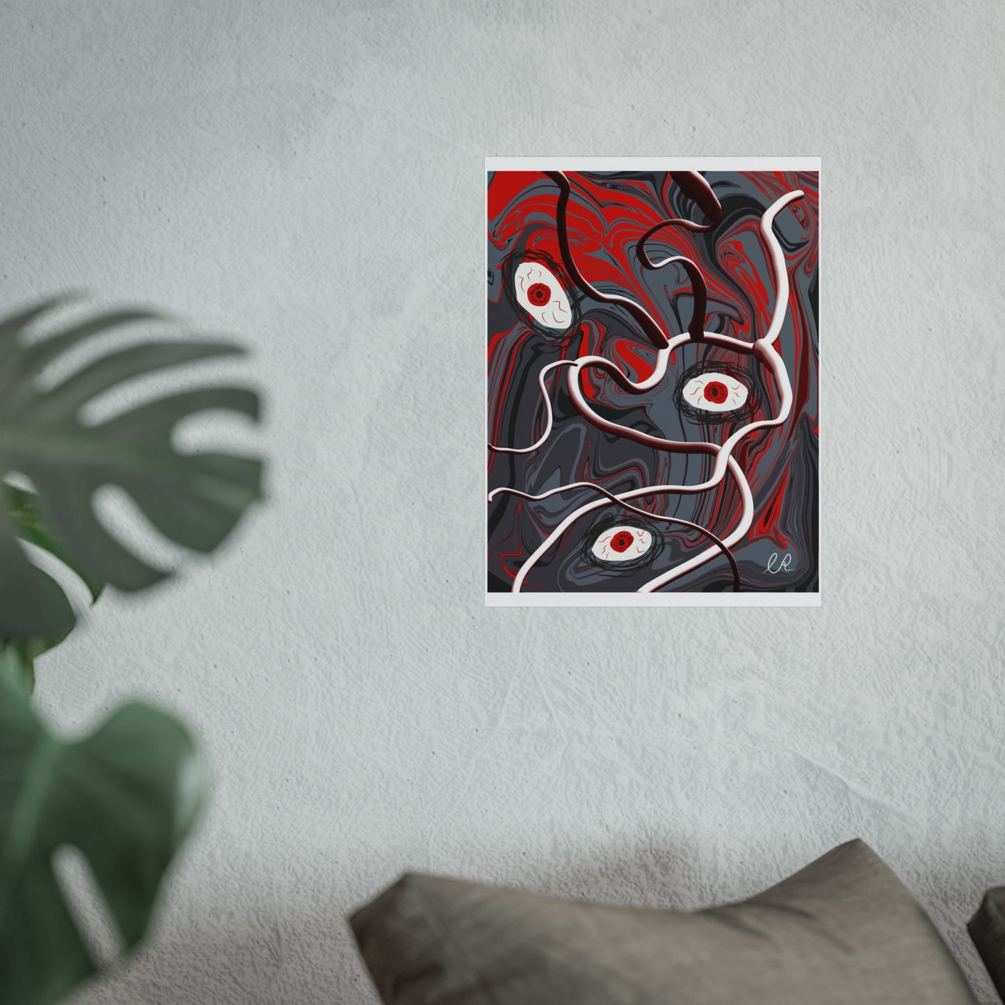 Abstract Surreal Eyes Art Poster — Red & Gray Fine Art Print
