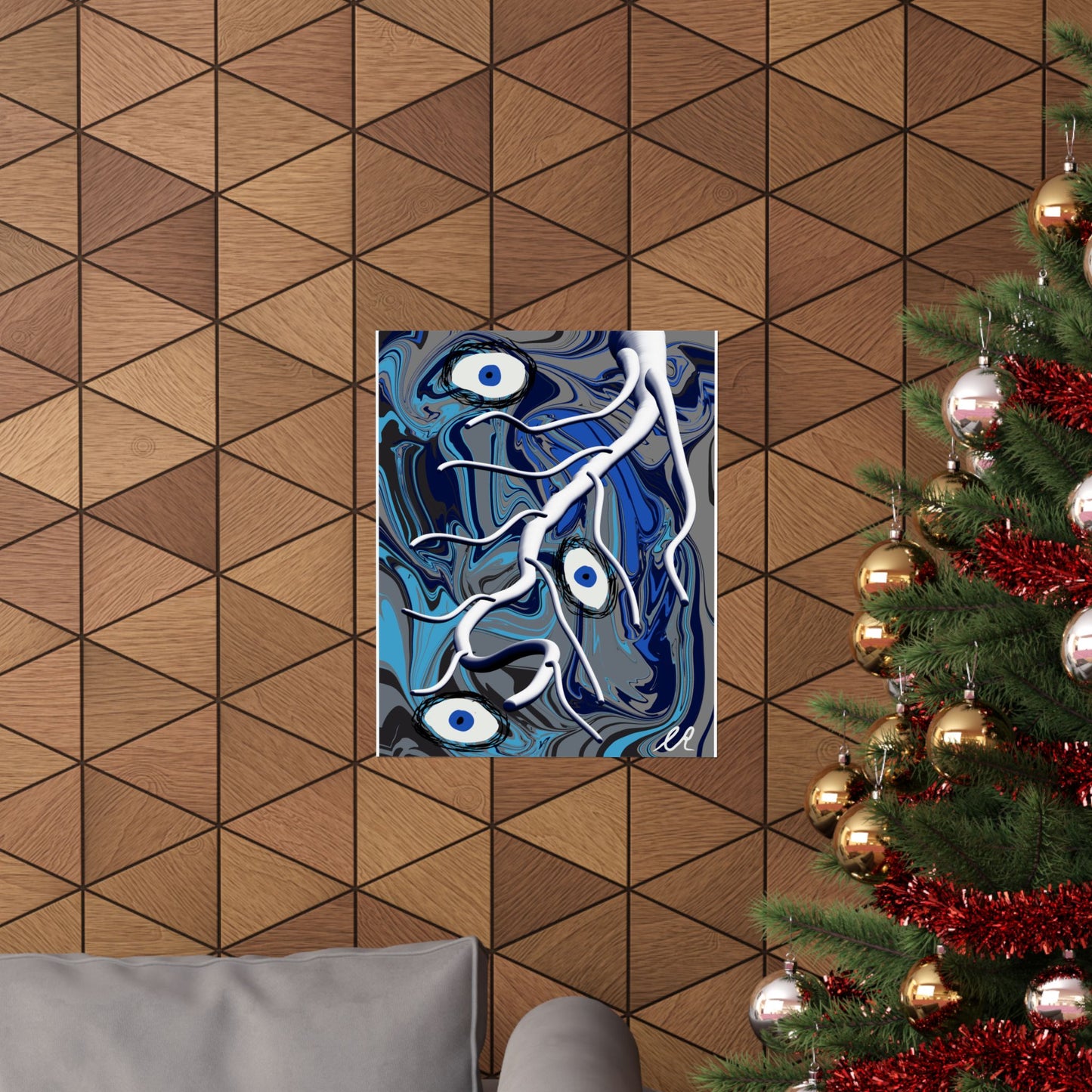 Abstract Blue Surreal Poster — Eyes & Branch Matte Vertical Art Print