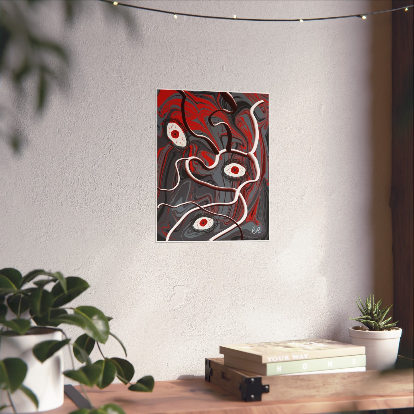 Abstract Surreal Eyes Art Poster — Red & Gray Fine Art Print