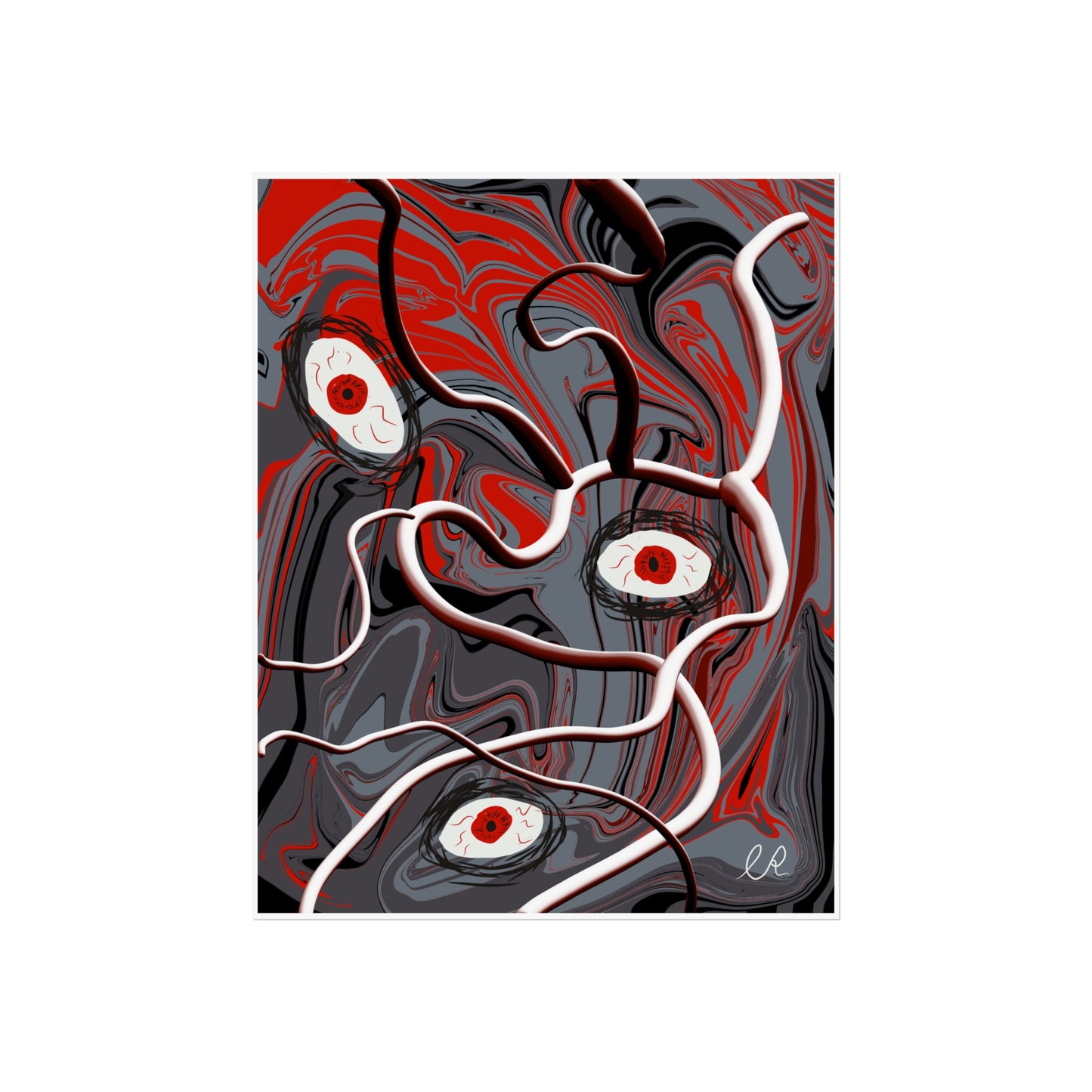 Abstract Surreal Eyes Art Poster — Red & Gray Fine Art Print