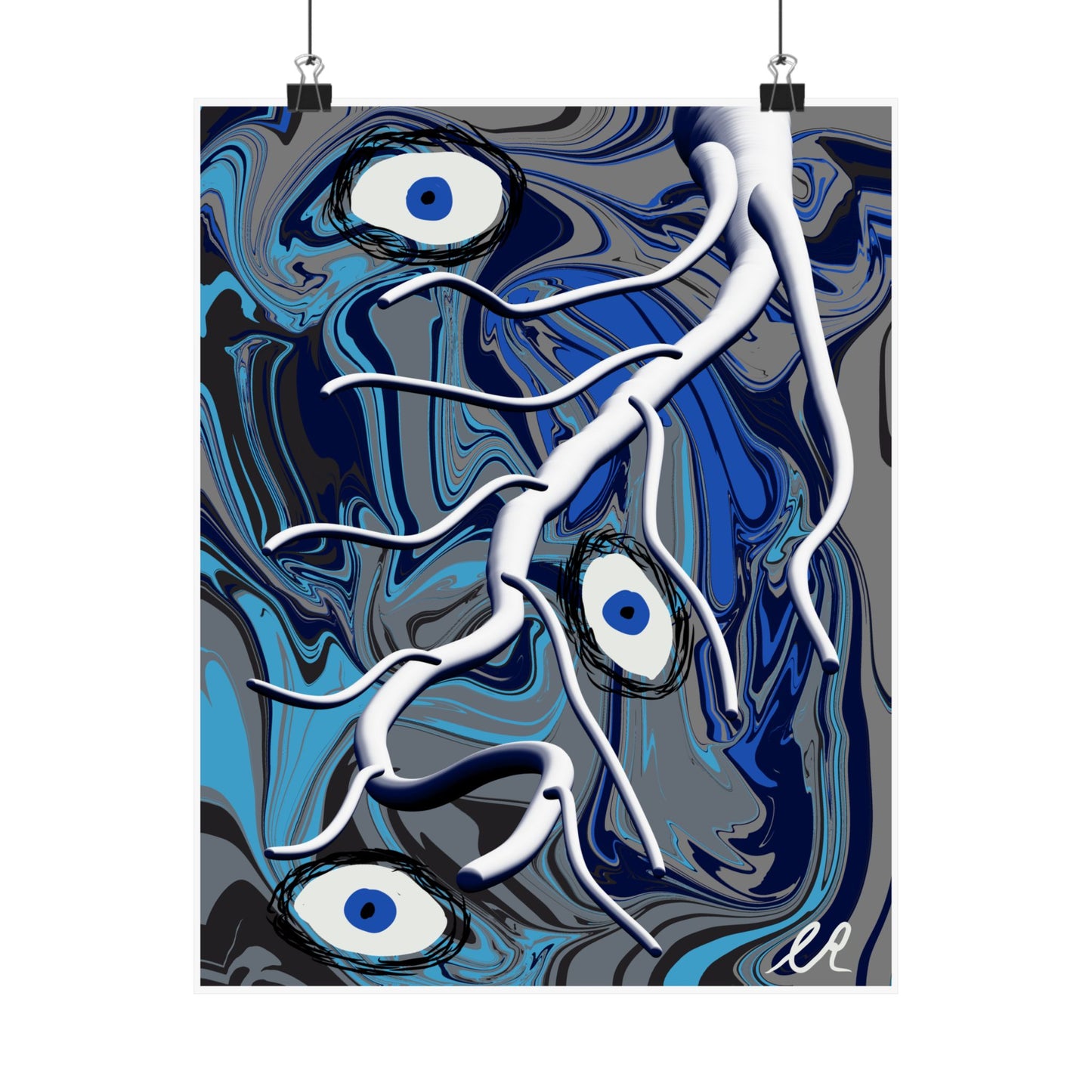 Abstract Blue Surreal Poster — Eyes & Branch Matte Vertical Art Print