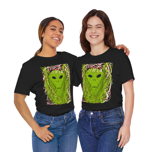 Alien Emerges T-Shirt — Green Extraterrestrial Face in Vines Graphic Tee