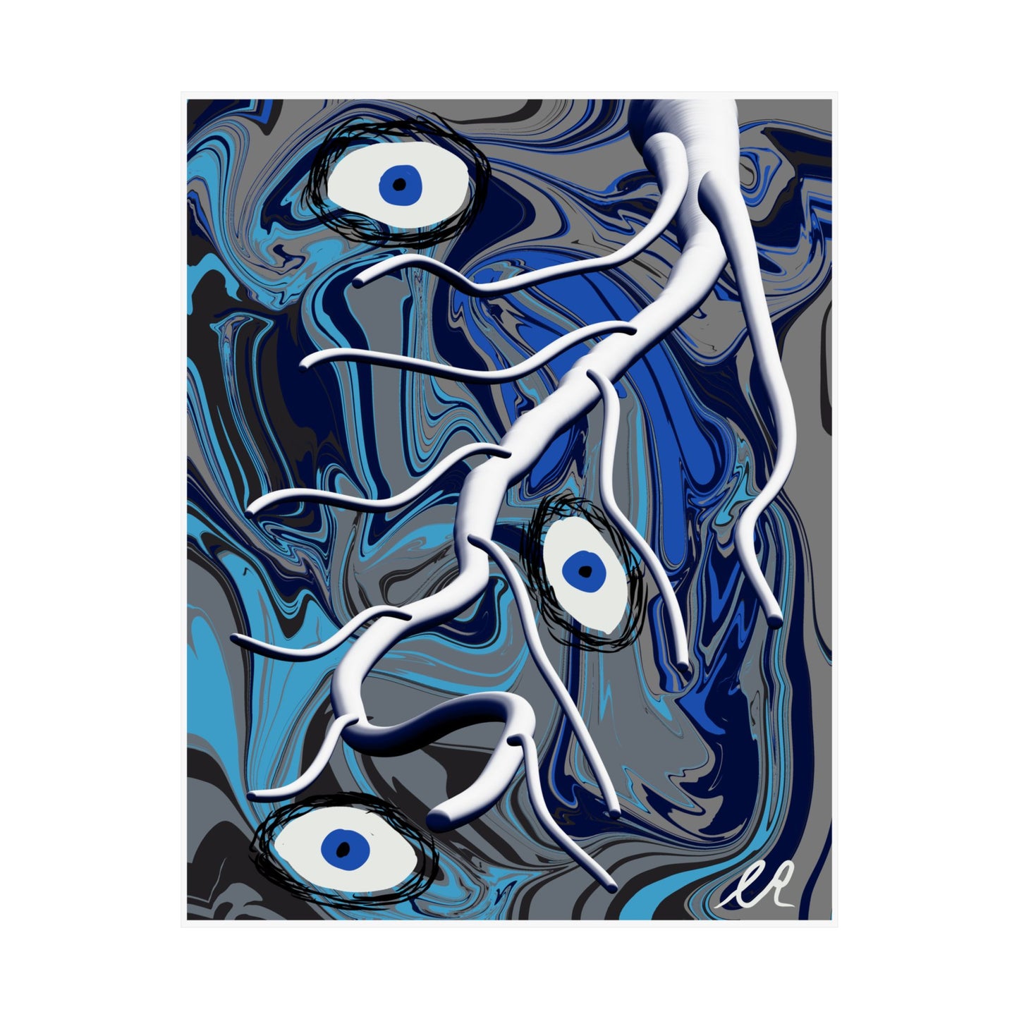 Abstract Blue Surreal Poster — Eyes & Branch Matte Vertical Art Print