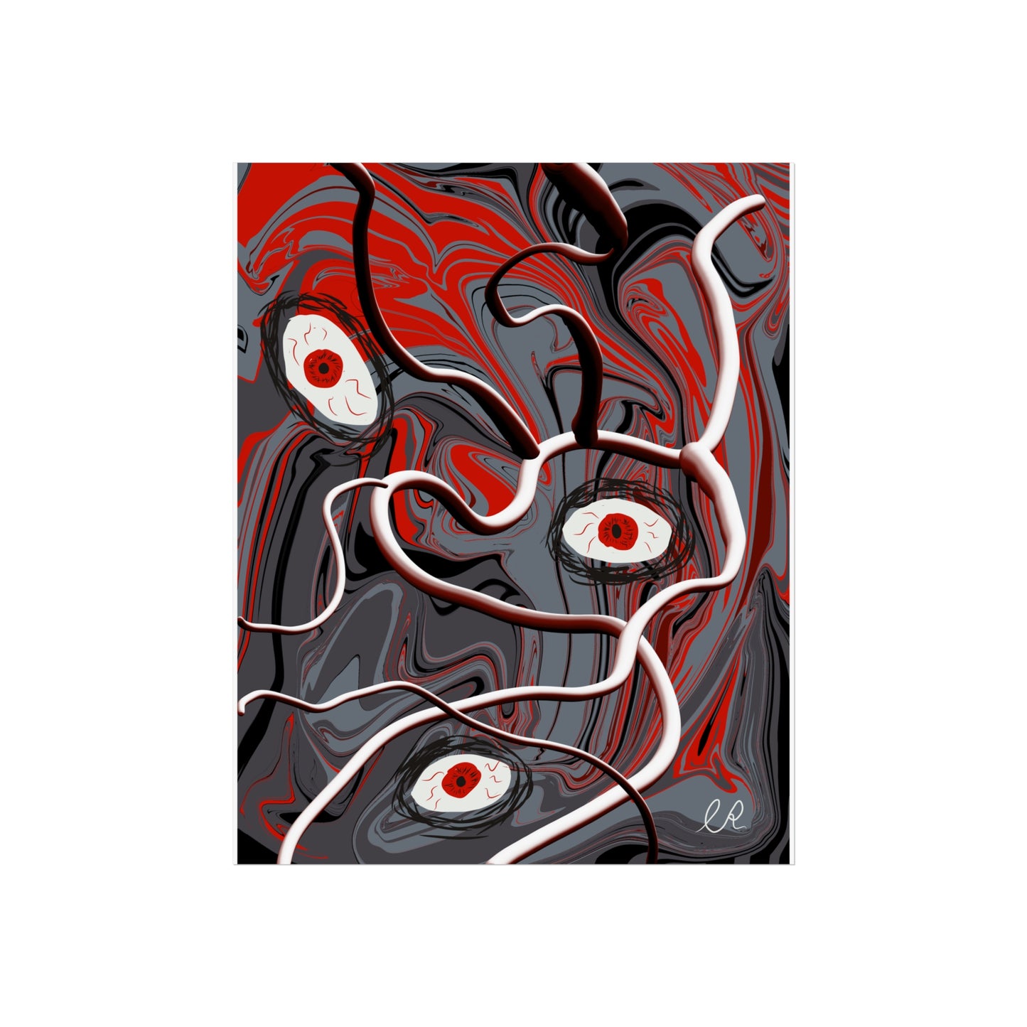 Abstract Surreal Eyes Art Poster — Red & Gray Fine Art Print