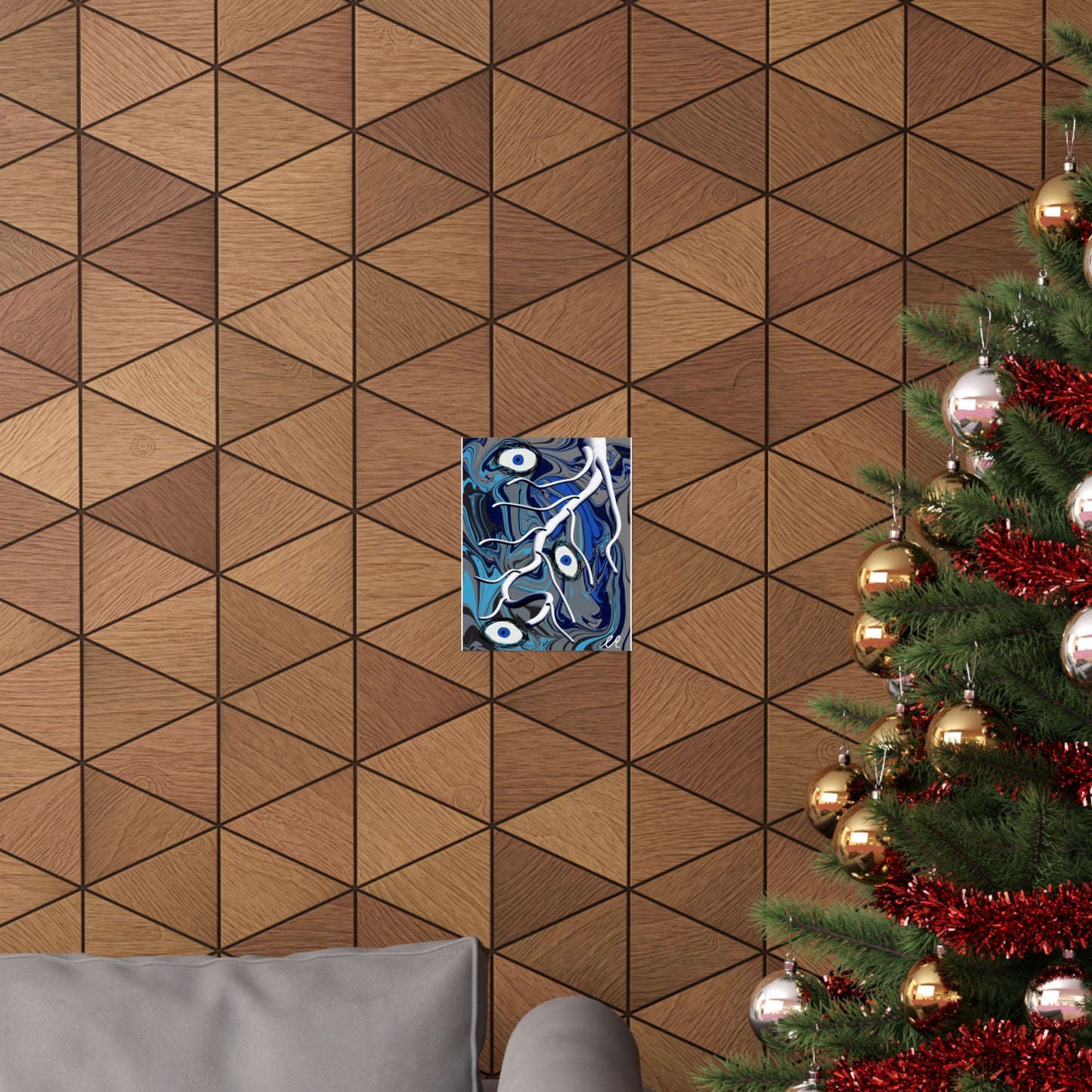 Abstract Blue Surreal Poster — Eyes & Branch Matte Vertical Art Print