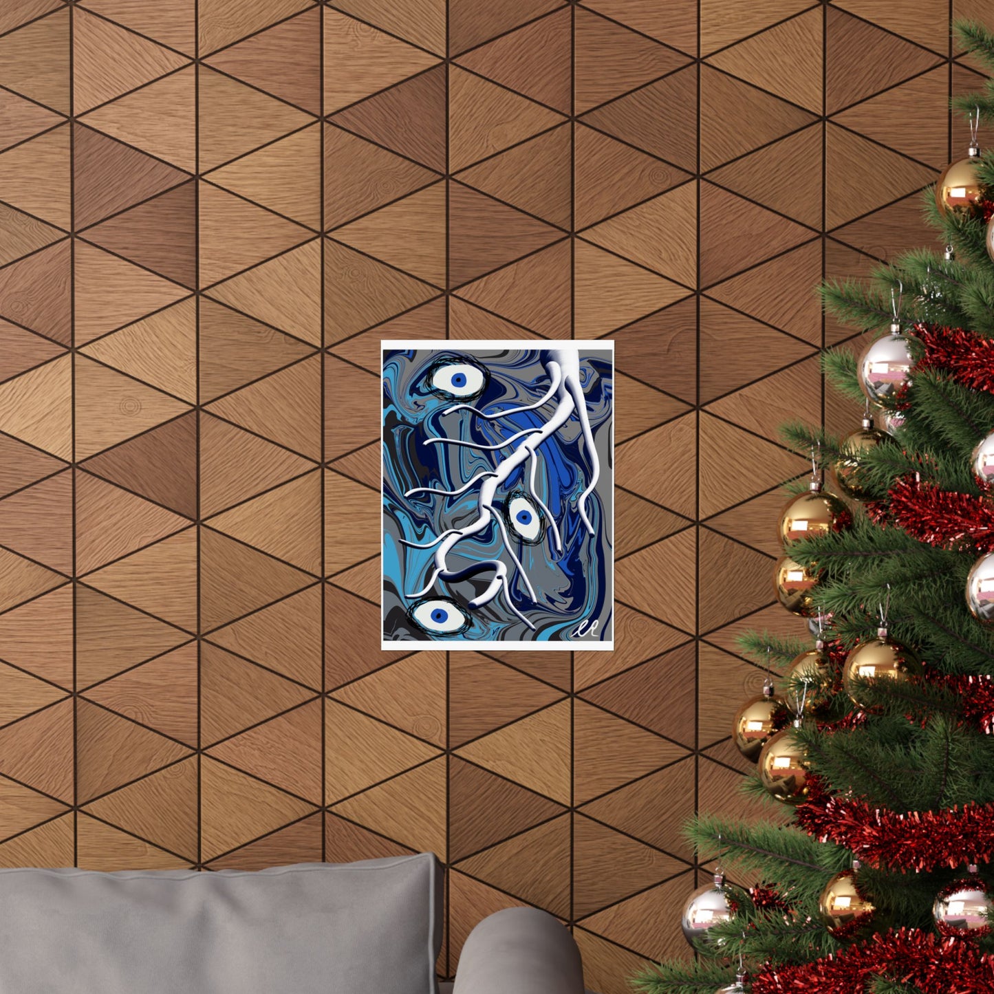 Abstract Blue Surreal Poster — Eyes & Branch Matte Vertical Art Print