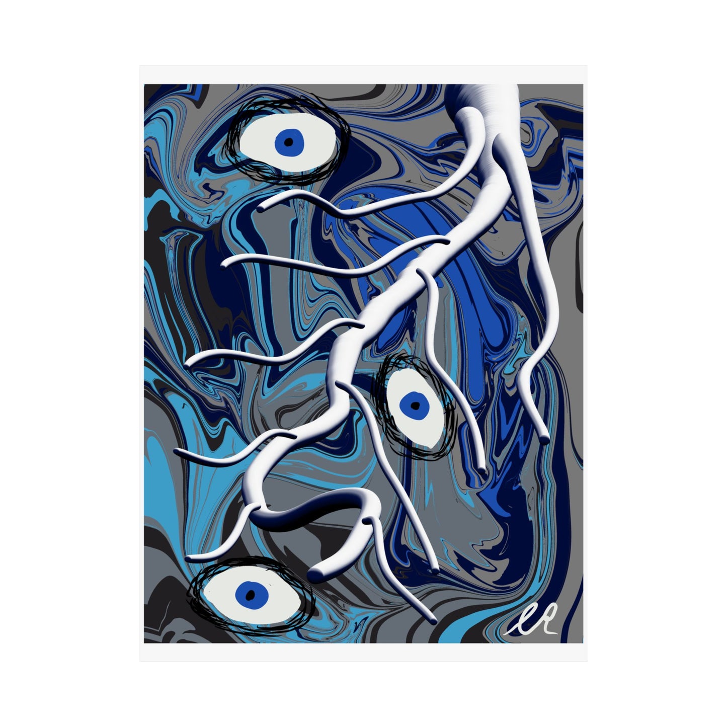 Abstract Blue Surreal Poster — Eyes & Branch Matte Vertical Art Print