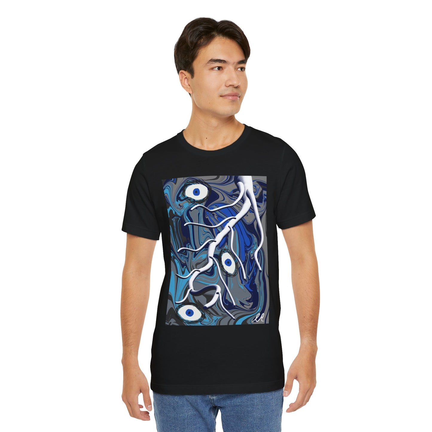 Blue Abstract Eye Art T-Shirt — Surreal Fluid Design