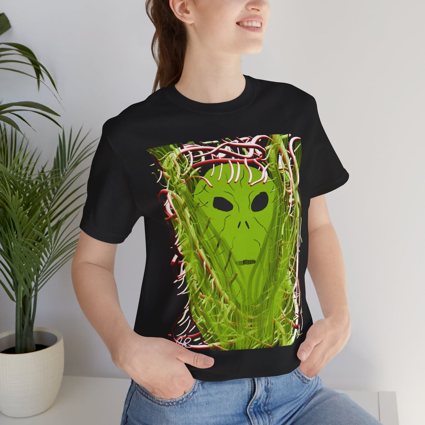 Alien Emerges T-Shirt — Green Extraterrestrial Face in Vines Graphic Tee
