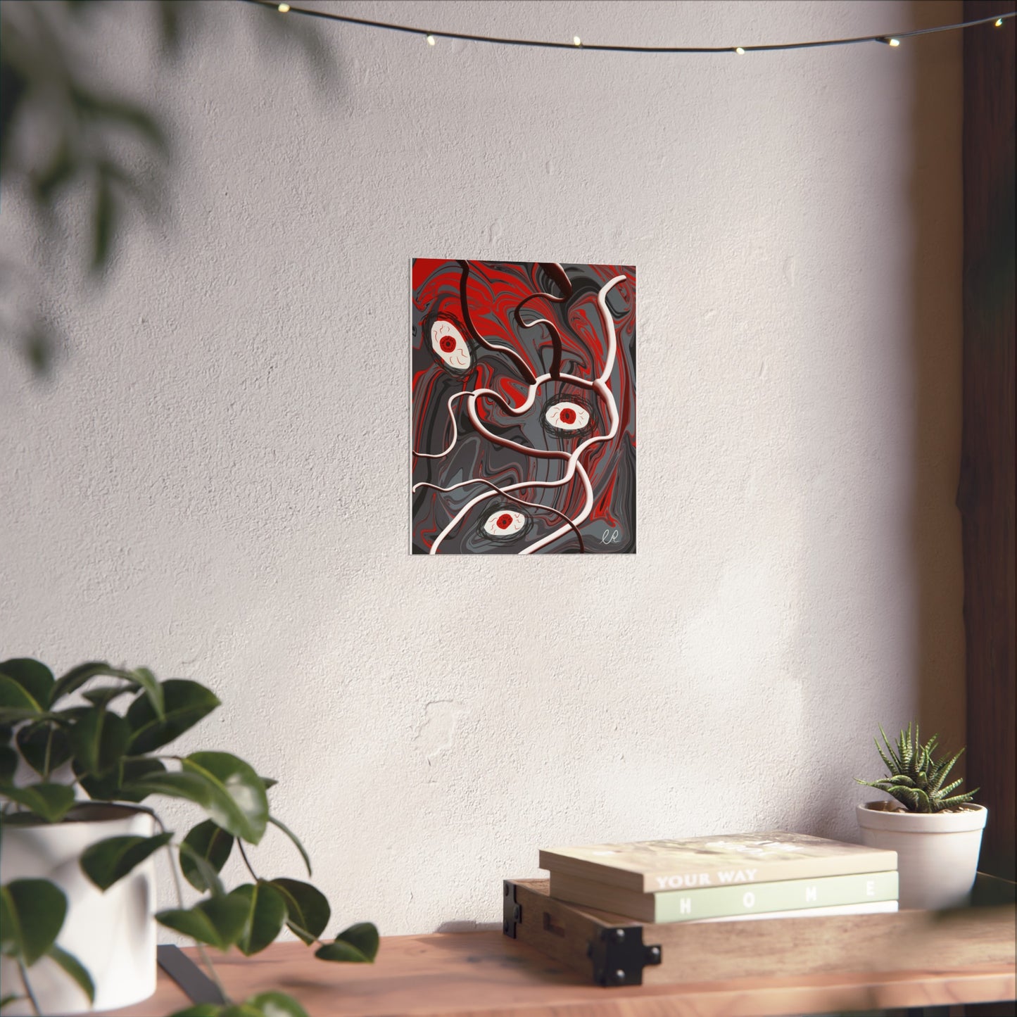 Abstract Surreal Eyes Art Poster — Red & Gray Fine Art Print