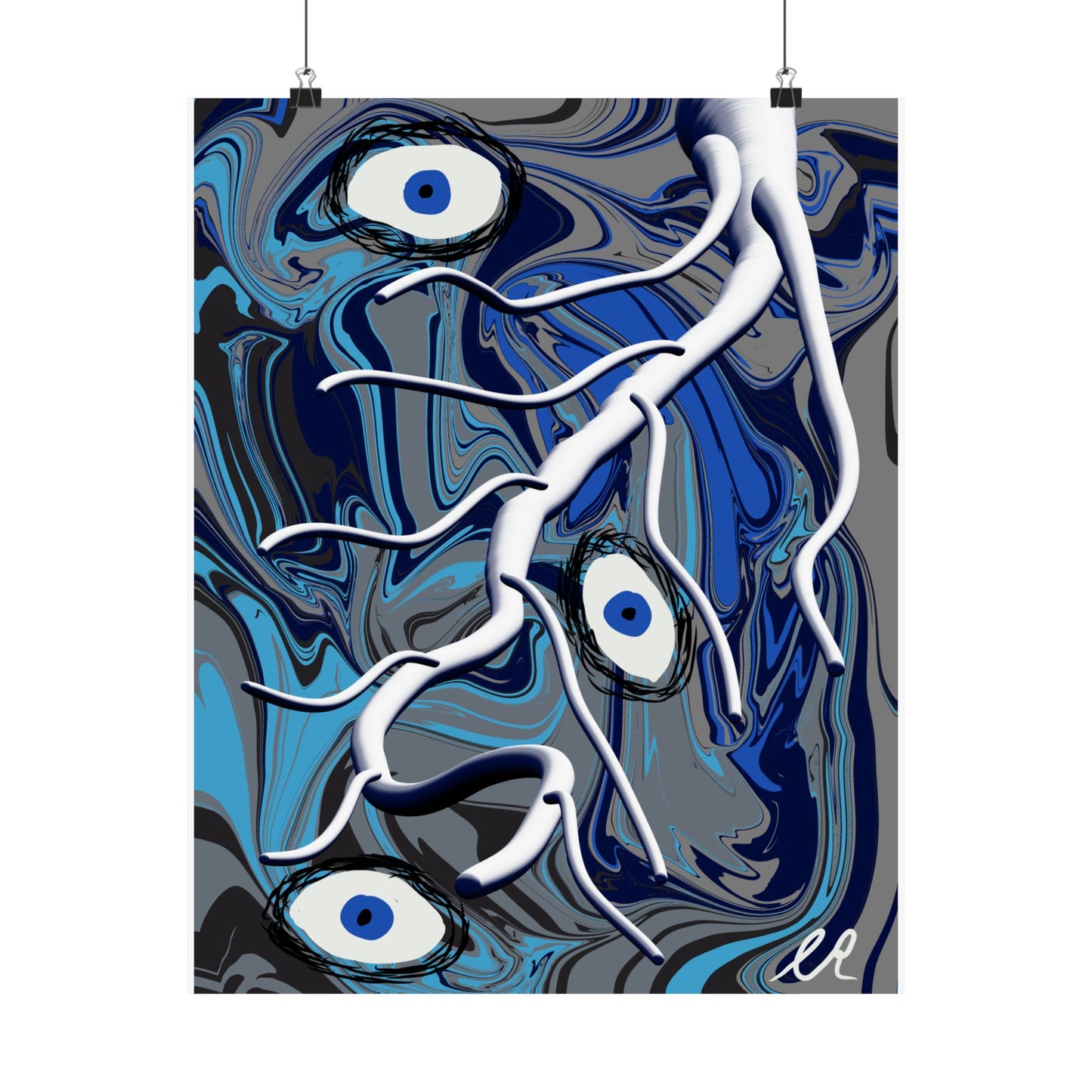 Abstract Blue Surreal Poster — Eyes & Branch Matte Vertical Art Print