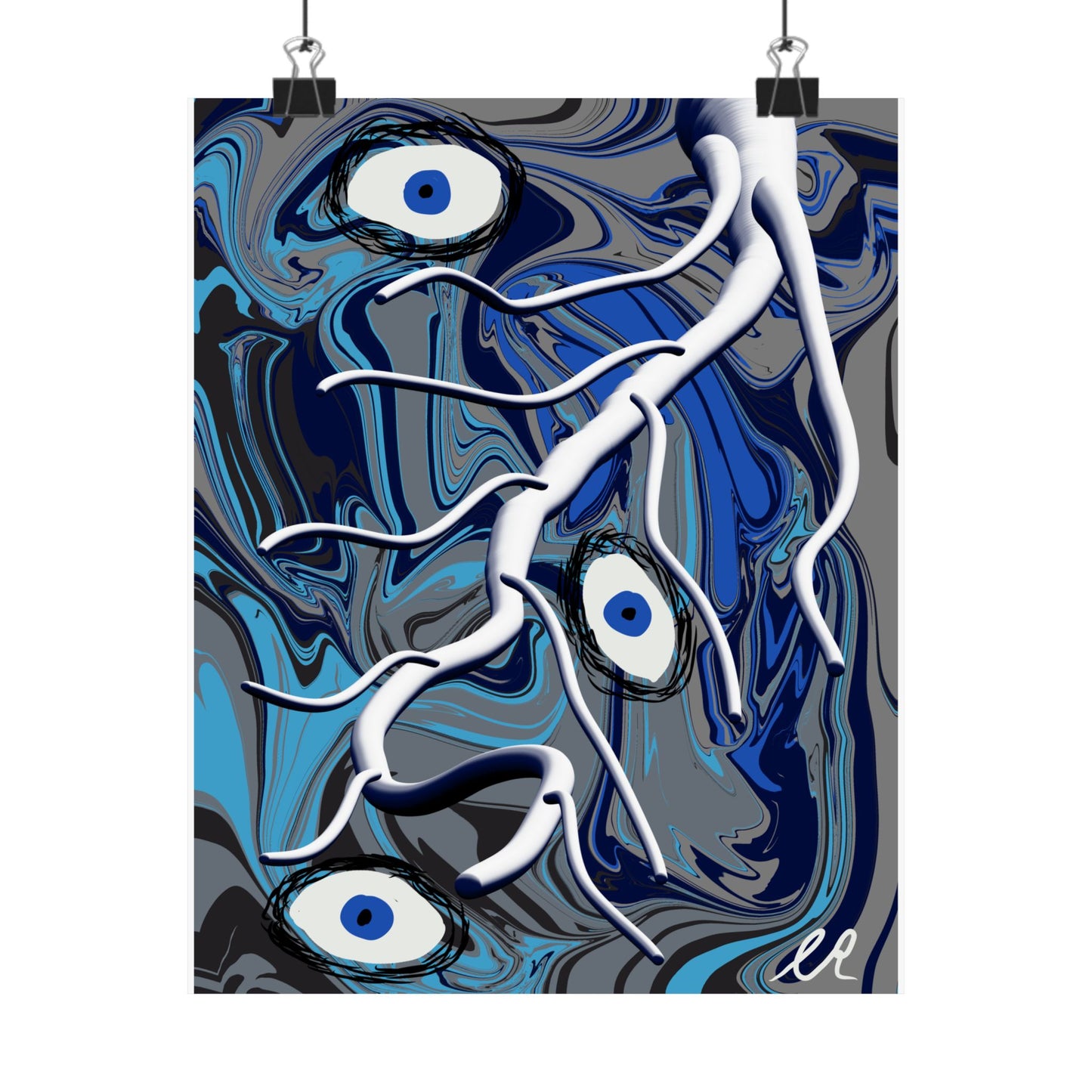 Abstract Blue Surreal Poster — Eyes & Branch Matte Vertical Art Print