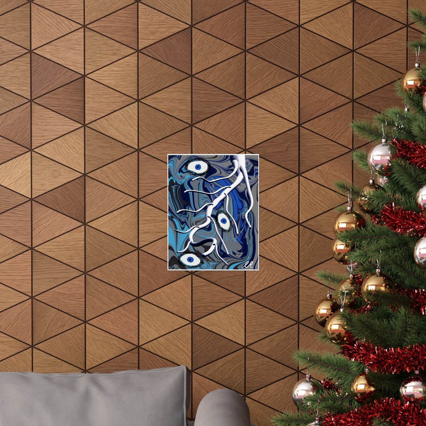 Abstract Blue Surreal Poster — Eyes & Branch Matte Vertical Art Print