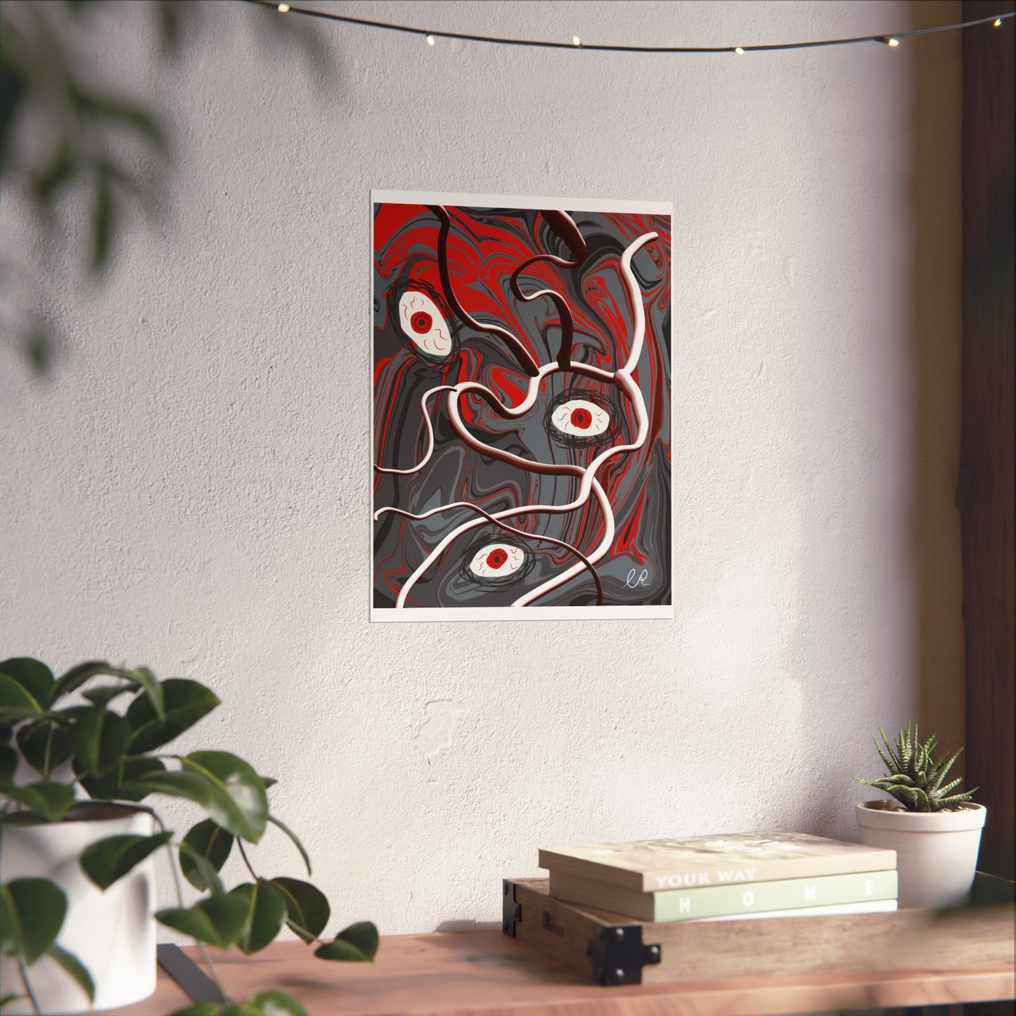 Abstract Surreal Eyes Art Poster — Red & Gray Fine Art Print