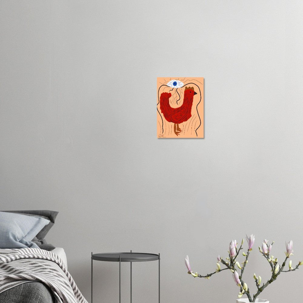Fine Art Poster - Red Chicken with All Seeing Eye on Light Brown Background - The Artsy Brain