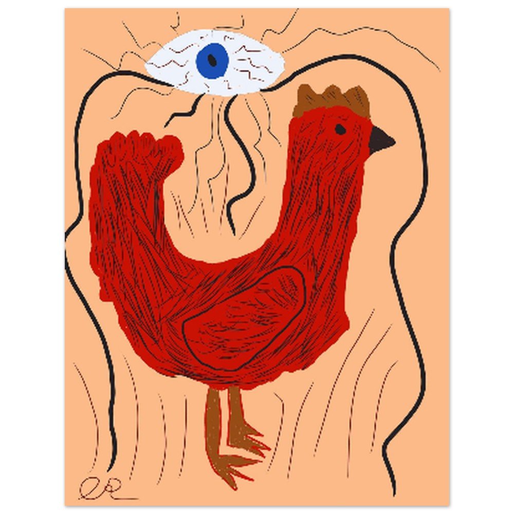 Fine Art Poster - Red Chicken with All Seeing Eye on Light Brown Background - The Artsy Brain