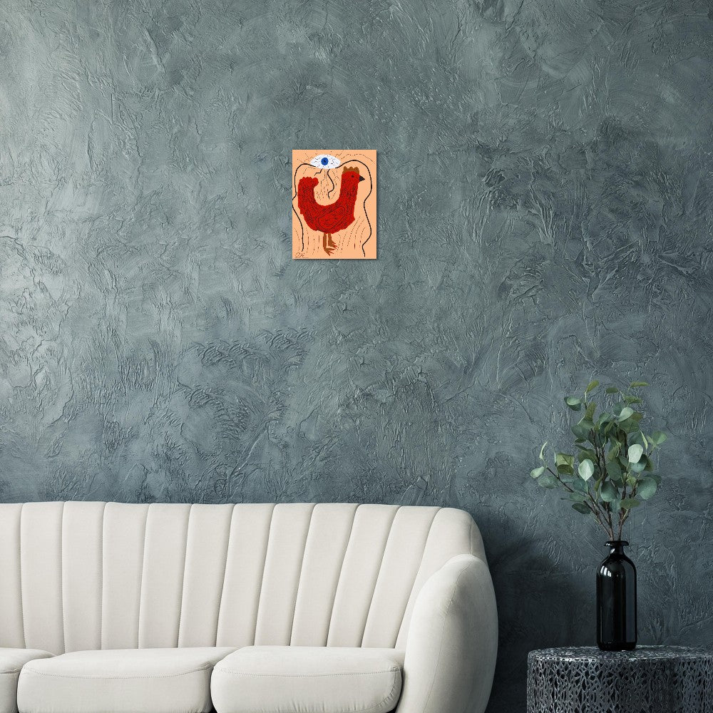 Fine Art Poster - Red Chicken with All Seeing Eye on Light Brown Background - The Artsy Brain