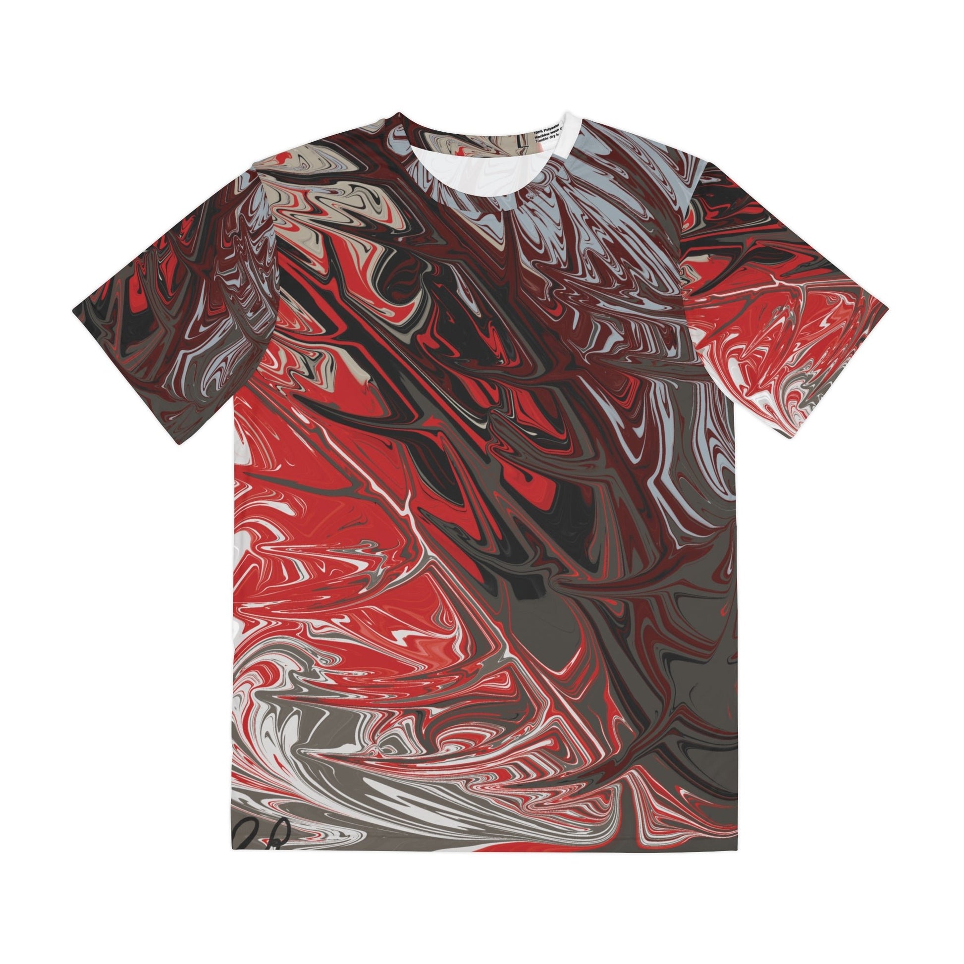 Men's Acrylic Pour Liquid - Effect Polyester Tee — Red, Gray & Black All - Over Print - The Artsy Brain