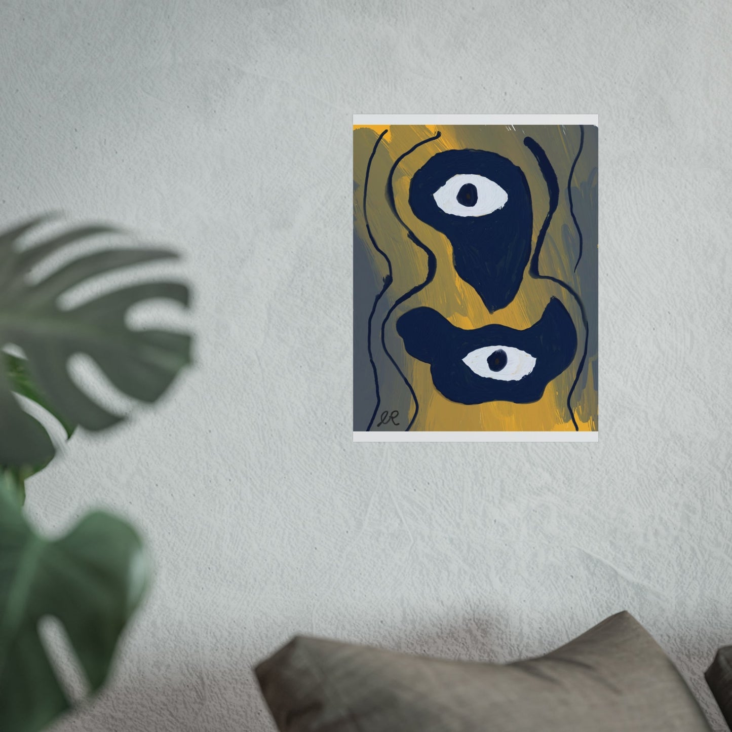 Neo - Expressionist Abstract Eyes Art Poster — Yellow & Dark Blue Fine Art Print - The Artsy Brain