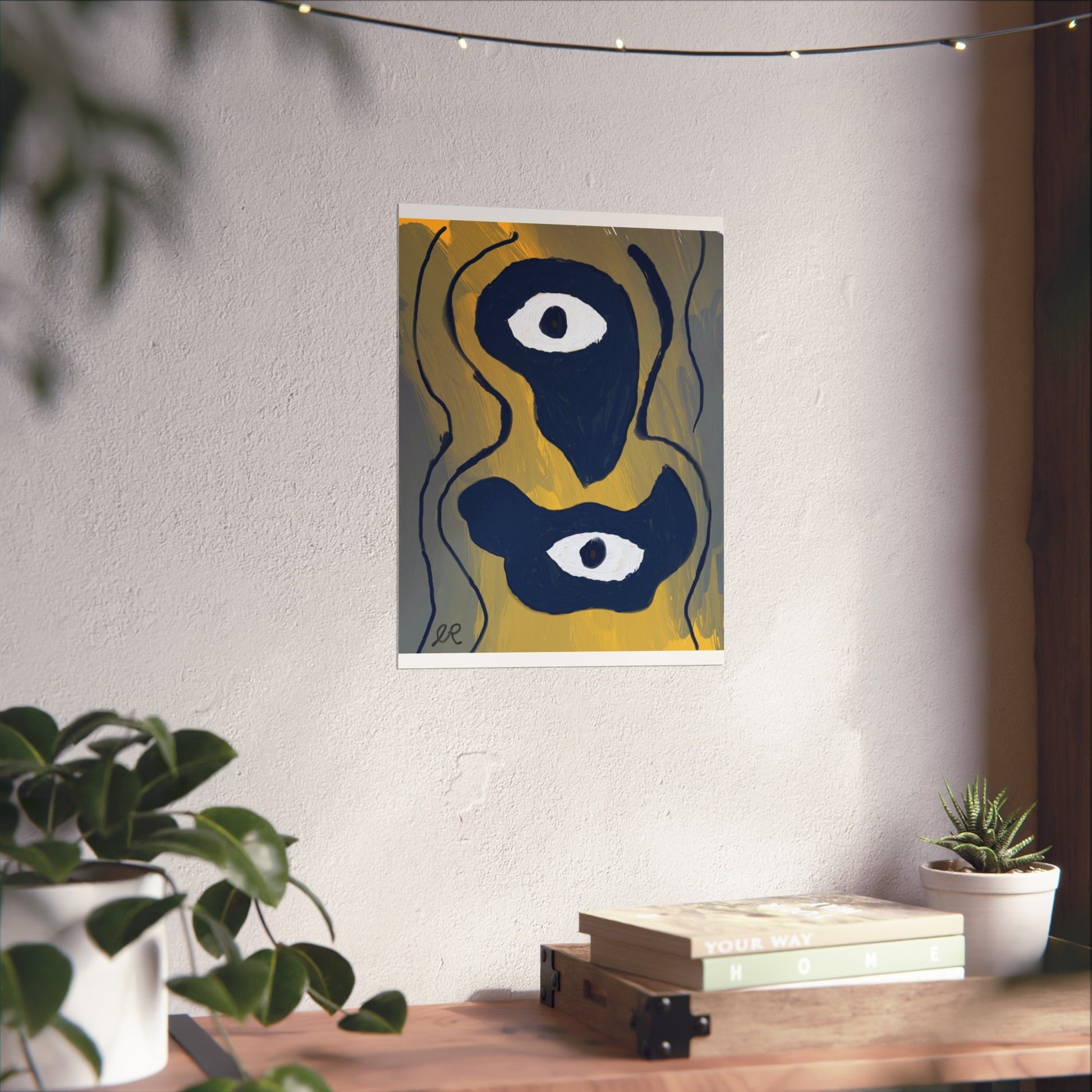 Neo - Expressionist Abstract Eyes Art Poster — Yellow & Dark Blue Fine Art Print - The Artsy Brain